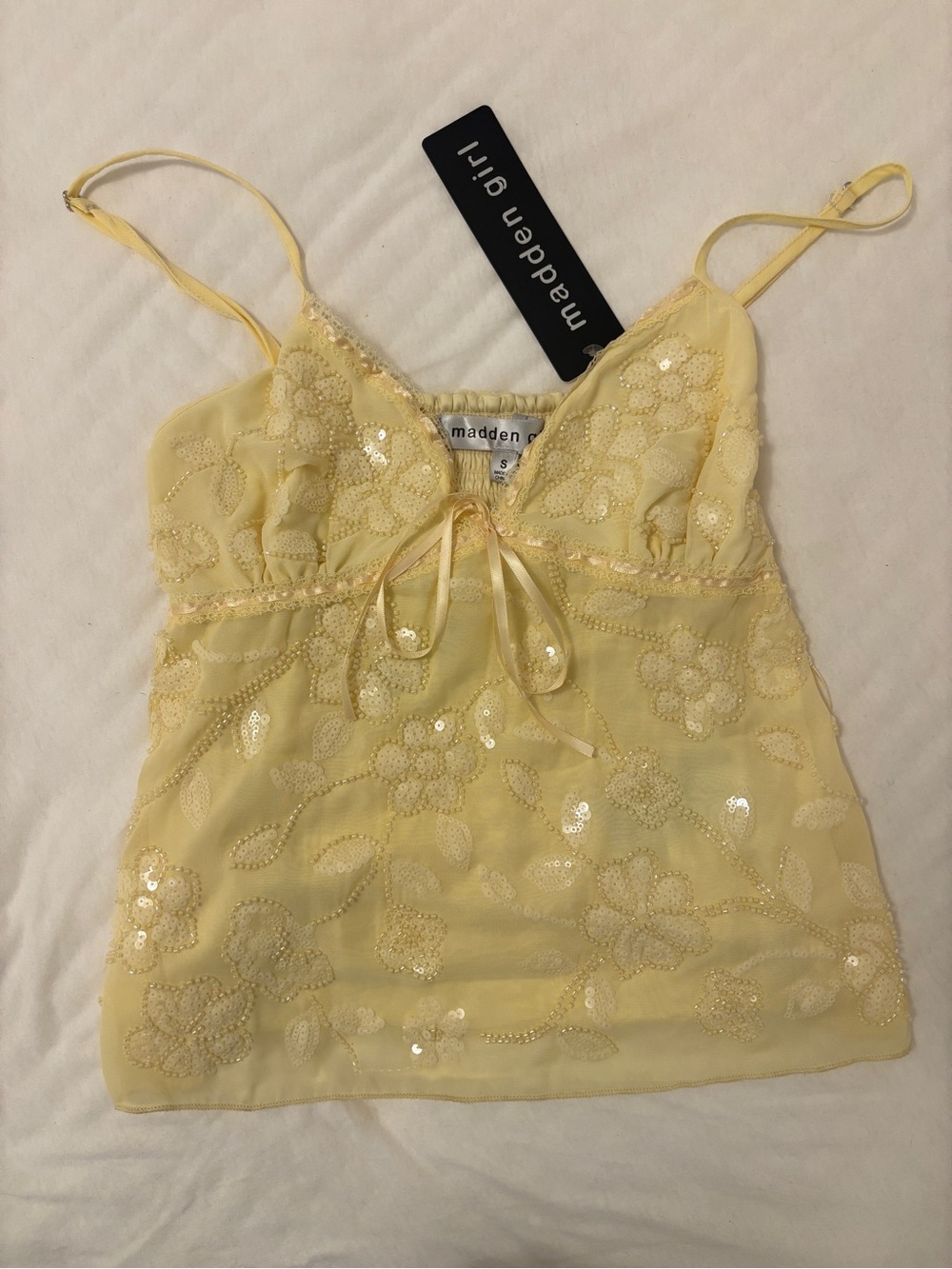 Madden Girl Yellow Sequin Floral Cami with Bow